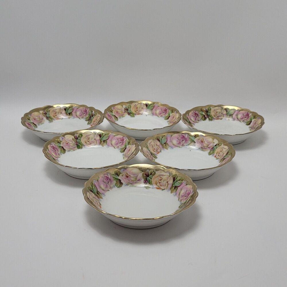 Antique Bavaria Prince Regent China LDB Co Germany Rose Hand Painted Bowls 6 Pcs